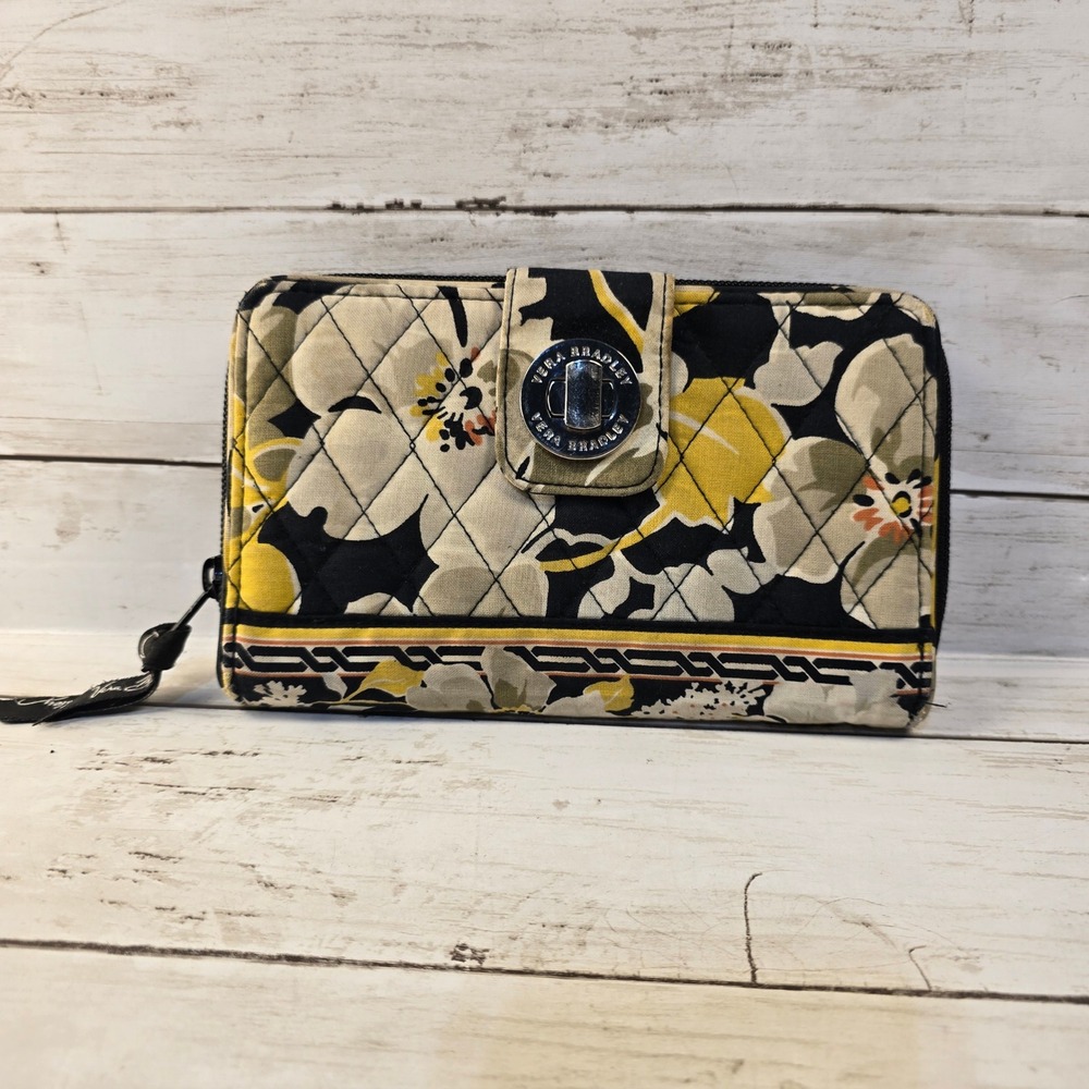 Vera Bradley Turnlock Wallet Night and Day Quilted Floral Black Yellow White